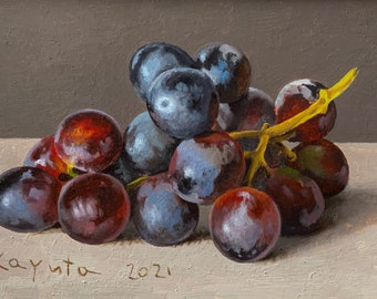 Black Grape. Oil Painting Print White Mat Kitchen painting still life food Fine Art gift under 35