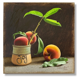 Bouquet of peaches. Super realistic original painting oil on canvas 8x10in kitchen painting still life food fruits berry Fine Art