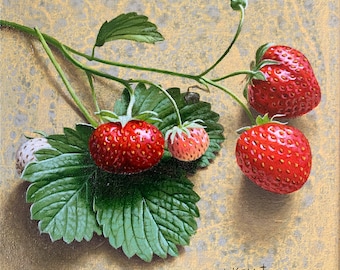 Strawberries. Oil Painting Print White Mat Kitchen Art gift under 35
