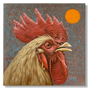 Rooster. Super realistic original painting oil on canvas 8x8in still life Fine Art Country Life