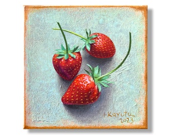 Strawberries. Super realistic original painting 6x6x1.5in oil on canvas, Fine Art, still life, kitchen painting, food painting, fruits