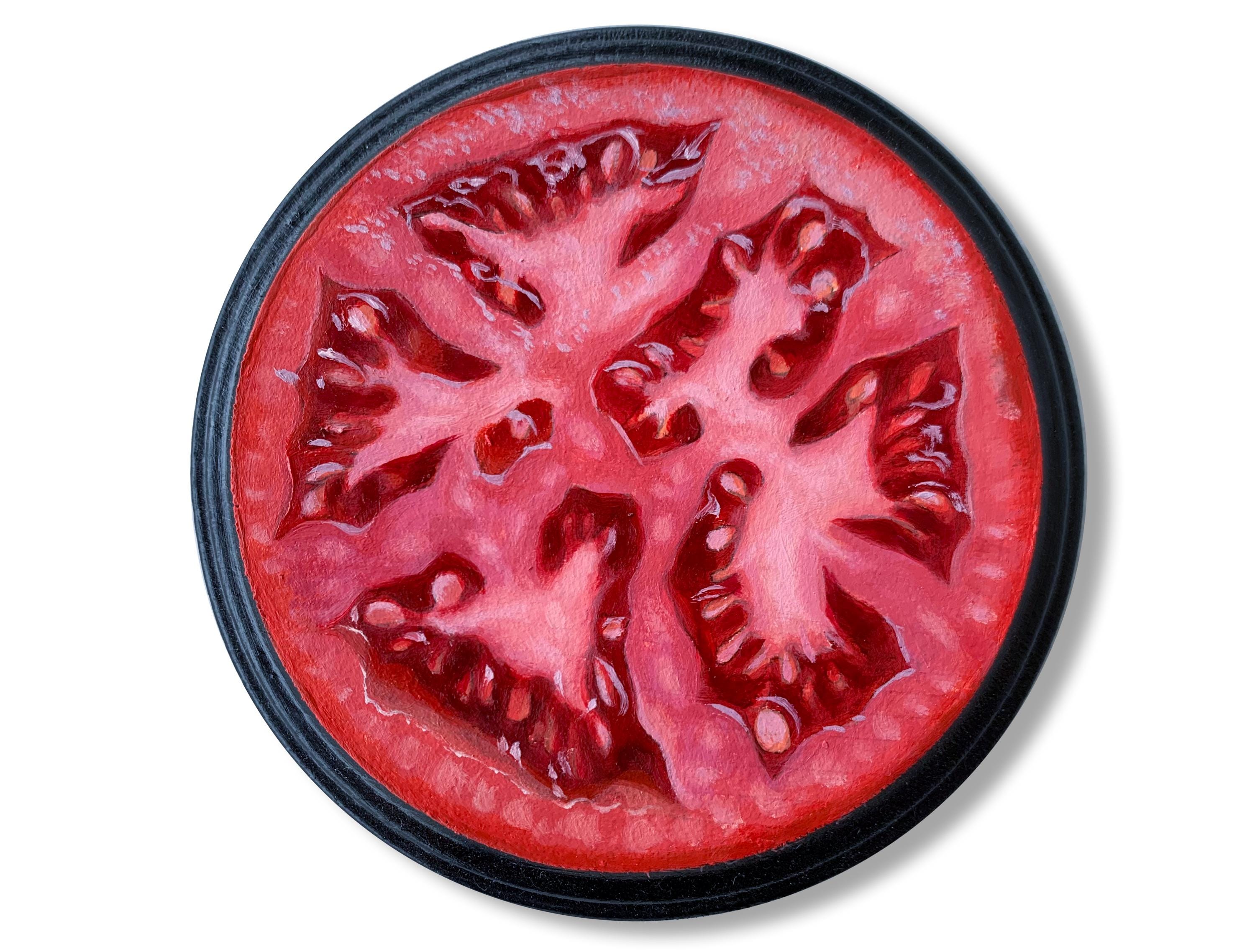Tomato. Super realistic original painting oil on round wooden board 5x5in kitchen painting still life food fruits Fine Art