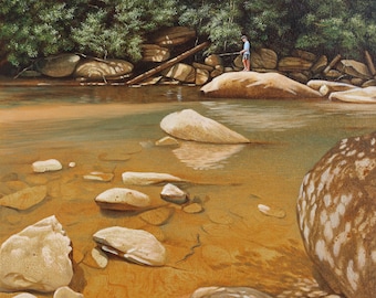 Fishing. Oil Painting Print 8x10in White Mat 11x14in Landscape Mountain Nature Lake River gift under 35