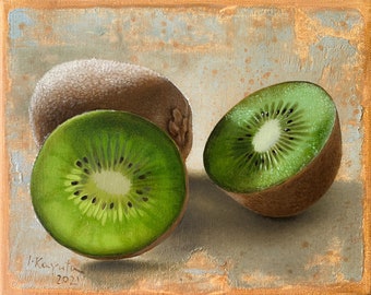 Kiwi. Oil Painting Print White Mat Kitchen painting still life food fruits Fine Art gift under 35