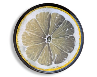 Lemon. Super realistic original painting oil on round wooden board 5x5in kitchen painting still life food fruits Fine Art Citrus