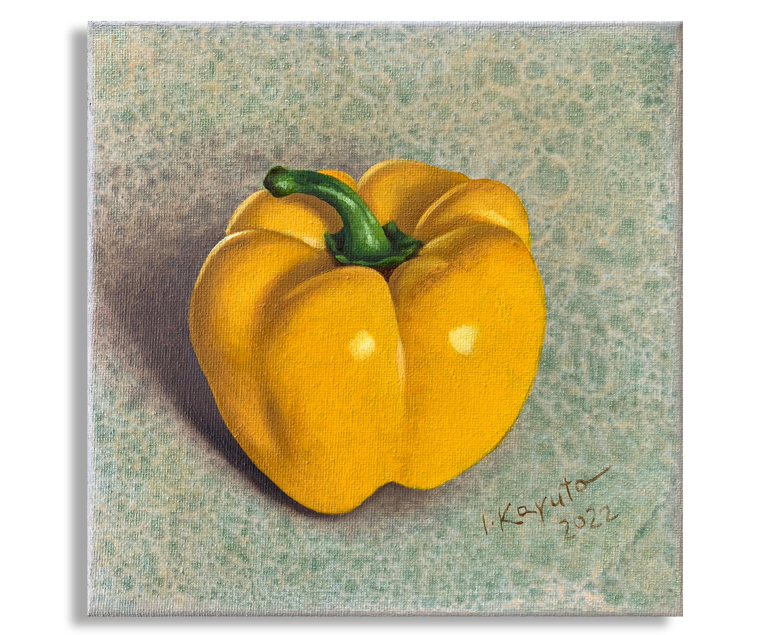 Yellow Pepper. Super realistic original painting oil on board framed 8x8in kitchen painting still life food vegetable Fine Art