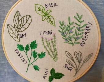 Botanical embroidery, Thyme herbal embroidery hoop