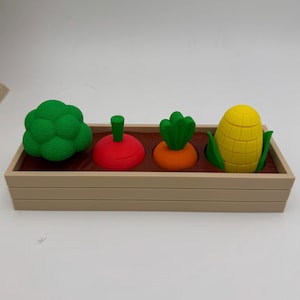 May include: A miniature garden bed with four colorful vegetable models: broccoli, a red radish, an orange carrot, and a yellow corn cob. The vegetables are set in a brown soil-like base within a beige rectangular planter.