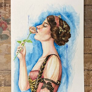 Georgiana - edwardianisch viktorianisch geïnspireerde illustratie met roos, Gibson Girl, 13 x 18 cm