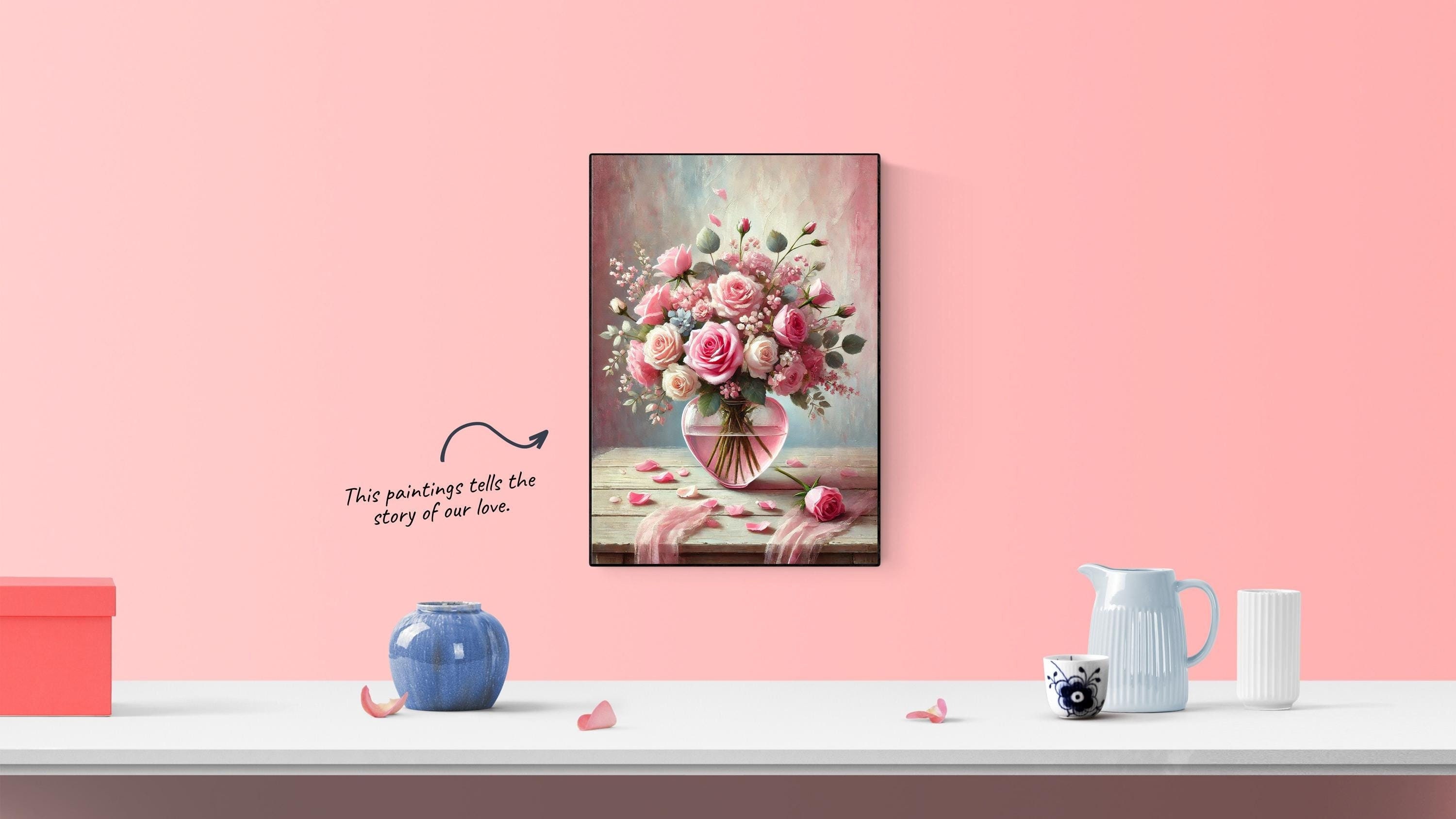 Heartfelt Blooms Wall Art | Romantic Pink Rose Digital Print | Elegant ...