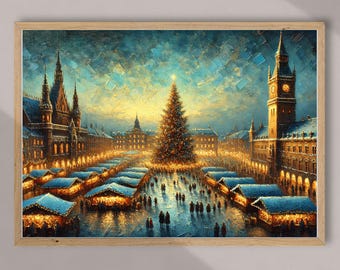 May include: A painting of a snowy European city square at Christmastime. A large Christmas tree is in the center of the square, surrounded by a bustling market with stalls and people. The buildings are decorated with lights and snow.