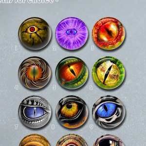 May include: Twelve different eye designs on 10mm glass cabochons. The designs feature various colors, including red, orange, yellow, blue, purple, and green. The cabochons are arranged in a grid pattern on a gray background. The text "Patterns for choice -" is at the top of the image. The text "CHPM Cabochon (1051)" is at the bottom right of the image. The text "-10-10mm glass cabochon" is at the bottom of the image.