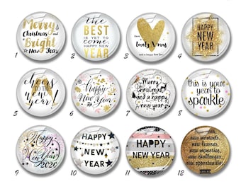 Cabochon di felice anno nuovo, ciondolo con bottone a pressione di Capodanno 2020 da 12/18/20 mm, gioielli a scatto di Natale, cabochon con cupola in vetro con immagine di Natale da 10 mm-40 mm (FJ560）