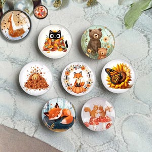 Könnte beinhalten: Eine Sammlung runder Glasmagnete und ein Anhänger mit herbstlichen Illustrationen. Designs umfassen eine schwarze Katze in Blättern, einen Bären mit einem Jungtier, einen Fuchs auf einem Kürbis, eine Sonnenblume mit einem Schmetterling und Eichhörnchen auf Pilzen.