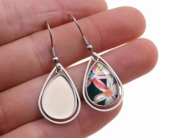 10 piezas de aretes colgantes de acero inoxidable de 13 x 18 mm, bases de aretes con forma de lágrima y cabujón fotográfico, bandejas de bisel para aretes con dijes - BXG54