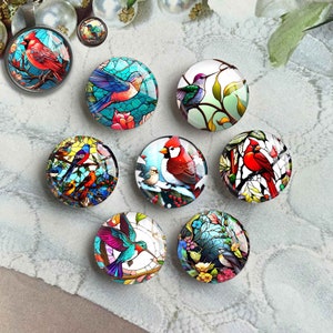 Peut inclure: Huit cabochons ronds en verre avec des motifs d'oiseaux en vitrail colorés. Les motifs comprennent un cardinal, un colibri, un merle bleu et d'autres oiseaux.