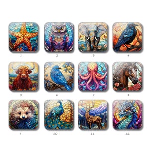 Animali Cabochon quadrati, Immagine di pavone Cupola di vetro quadrata piatta, 10 mm 12 mm 14 mm 15 mm 16 mm 18 mm 20 mm 25 mm Perline di mosaico in vetro fotografico (FJ3818)