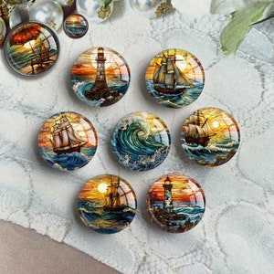 Cabochon di barca, immagine di faro, cupola di vetro, cammeo di immagine in vetro colorato, 10 mm, 12 mm, 14 mm, 16 mm, 18 mm, 20 mm, 25 mm, 30 mm, 35 mm, 40 mm ciondoli (FJ3743 ）
