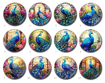 Peacock Cabochon, Blue image Glass dome,Stained Glass Picture Cameo, 10mm 12mm 14mm 16mm 18mm 20mm 25mm 30mm 35mm 40mm Glass Charms(FJ3846 )