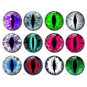 May include: Twelve round, colourful, cat eye stickers with a black pupil and a white iris. The stickers are arranged in four rows of three stickers each.