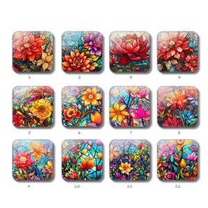 Perline di vetro per mosaico fotografico con foto, cabochon quadrato floreale, cupola in vetro quadrata piatta con immagine fatta a mano, 10 mm, 12 mm, 14 mm, 15 mm, 16 mm, 18 mm, 20 mm, 25 mm (FJ3744)