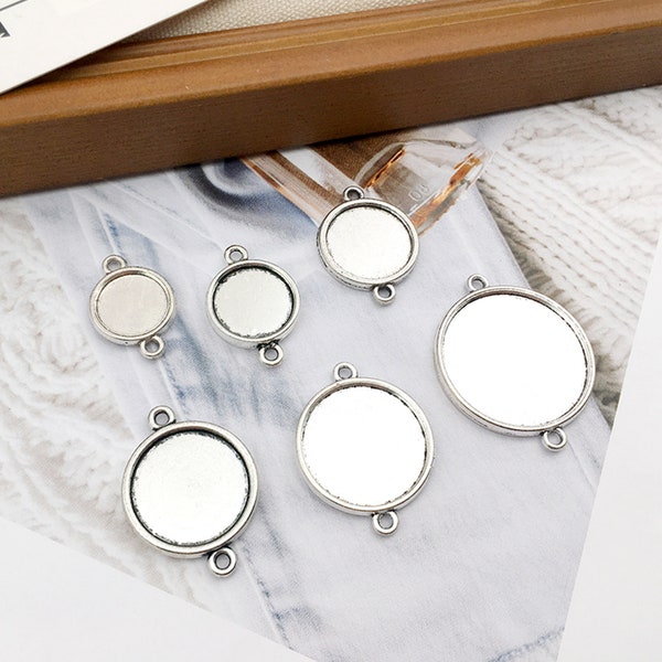 20pcs Double Hole Double Sided Pendant Trays,10mm-25mm Glass Cabochon Blanks Cameo Base Setting Charm Base Bezel,2 Loop Connector Base-ACC14