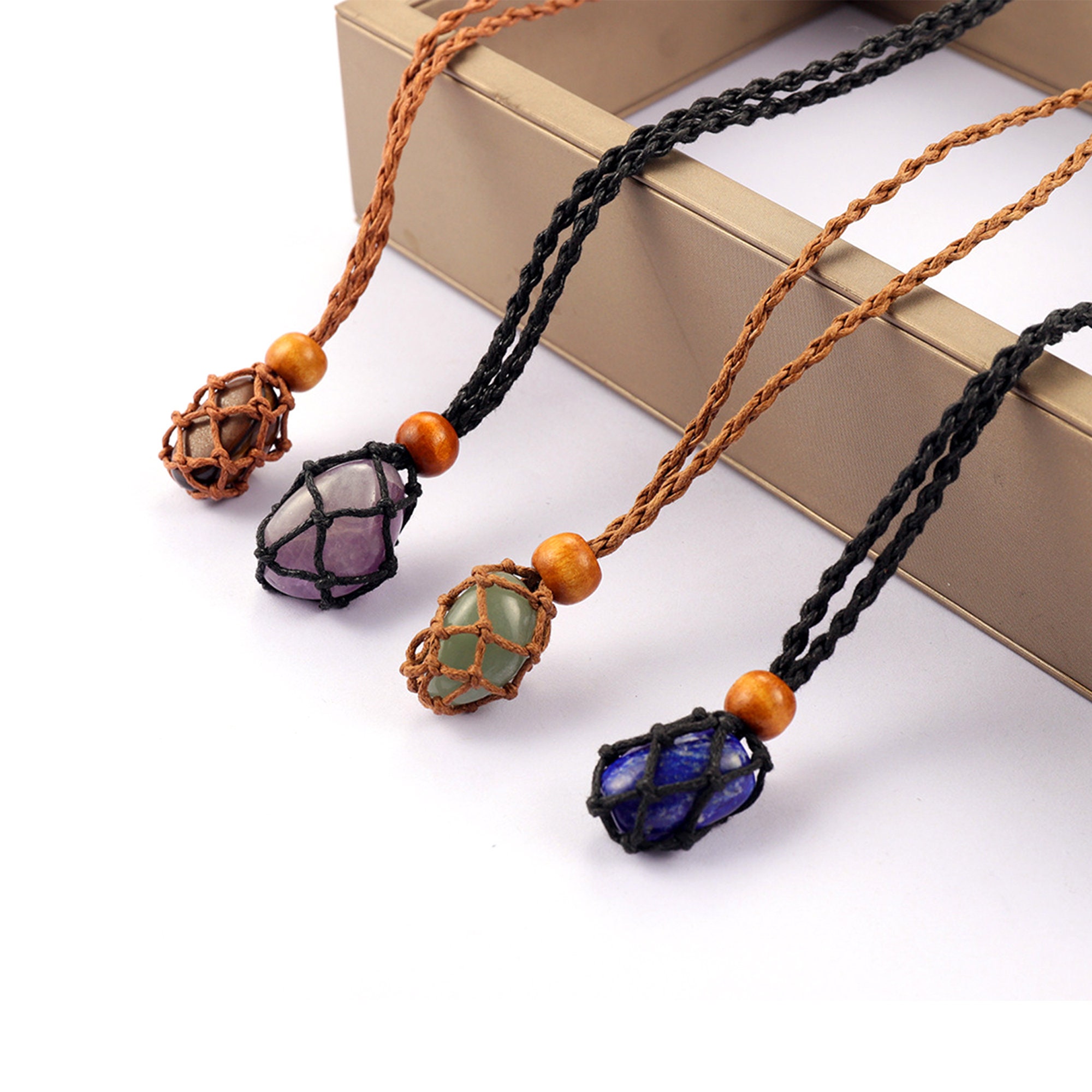 Handmade Macrame Stone Holding Necklace,Interchangeable Macrame Crystal Moonstone Pouch,Pendant Adjustable Stone Cage Cord Necklace (MCNK02) Handmade Macrame Stone Holding Necklace,Interchangeable Macrame Crystal Moonstone Pouch,Pendant Adjustable Stone Cage Cord Necklace (MCNK02)