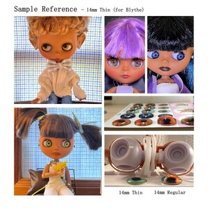 May include: A collage of Blythe doll faces and eye chips. The dolls have various hair colors and eye colors. The eye chips are in different colors and patterns. Text reads "Sample Reference - 14mm Thin (for Blythe)" and "14mm Thin" and "14mm Regular".