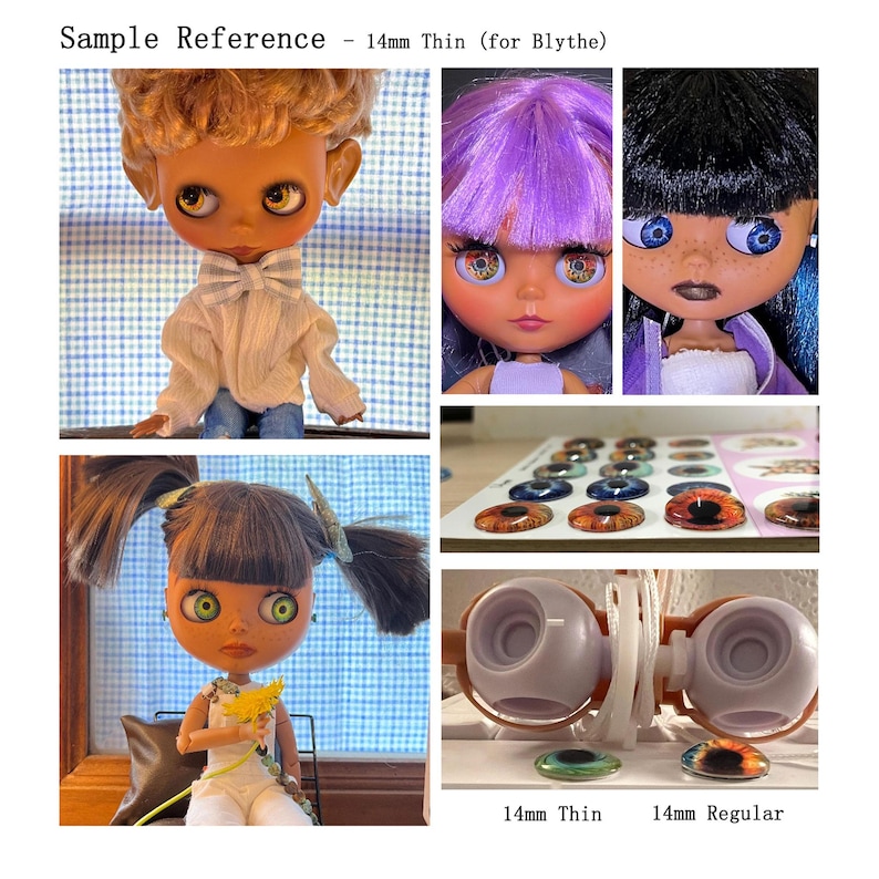 May include: A collage of Blythe doll faces and eye chips. The dolls have various hair colors and eye colors. The eye chips are in different colors and patterns. Text reads "Sample Reference - 14mm Thin (for Blythe)" and "14mm Thin" and "14mm Regular".