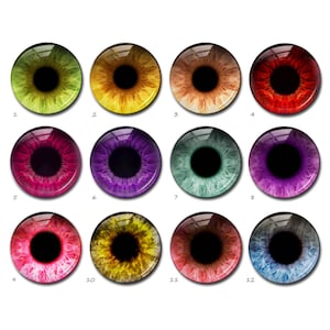 May include: Twelve glass eye cabochons in a range of colours. The eyes feature shades of green, yellow, orange, red, pink, purple, teal, and blue. Each eye has a black pupil and is numbered from 1 to 12.