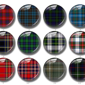 May include: Twelve round buttons with different plaid patterns. The buttons are glossy and have a 3D effect.