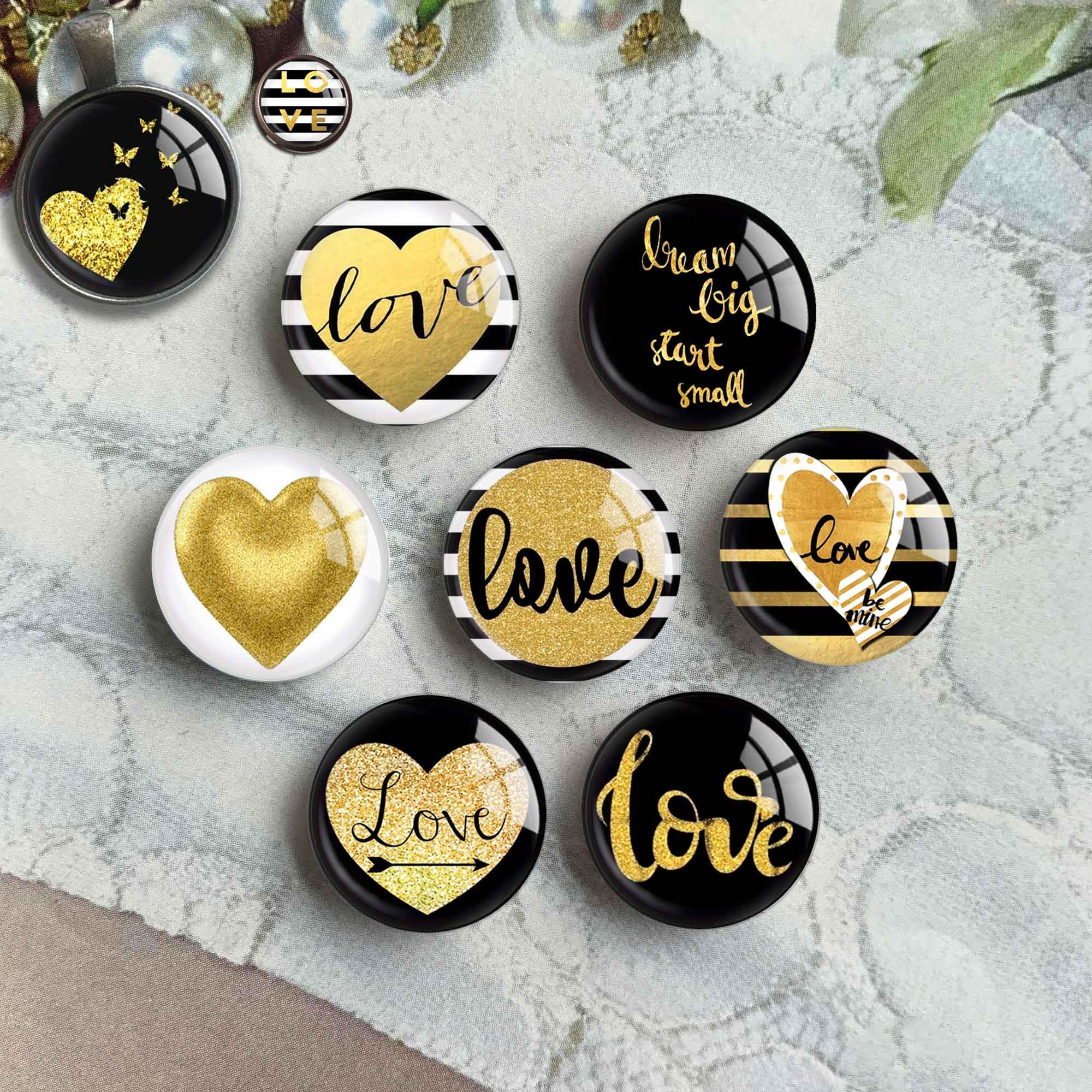 Gold Love Heart Cabochon, Valentine's Day Image Glass Dome