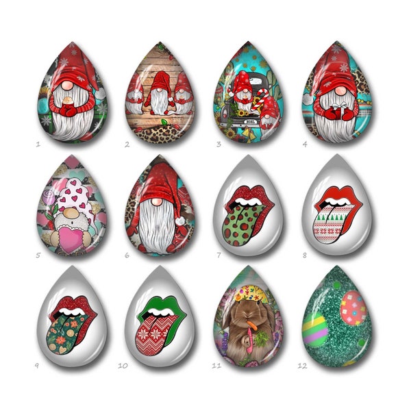 Christmas Lips Teardrop Cabochon, Gnome Tear Shape Glass Dome, 10x14mm 13x18mm 18x25mm 20x30mm Handmade Image mosaic nuggets Beads- FJ3422
