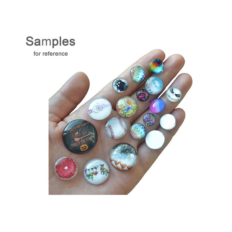 May include: A collection of round glass magnets with various designs, including a baseball, a Jack Skellington face, and a slice of grapefruit. The text "Samples for reference" is visible.