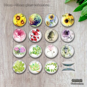 May include: A selection of 15 glass cabochons with floral and botanical designs. The cabochons showcase images of sunflowers, roses, succulents, and other plants. The text "10mm - 40mm glass cabochon" is at the top of the image.