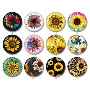 Cabochon/bouton-pression tournesol, 12 mm/18 mm/20 mm Bouton-pression tournesol / 10 mm 12 mm 14 mm 16 mm 18 mm 20 mm 25 mm 30 mm 40 mm Dôme en verre (FJ1671）