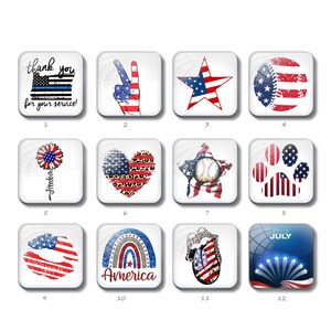 May include: A collection of twelve square-shaped decorative items with patriotic themes. Designs include an American flag, a peace sign, a star, a baseball, a paw print, a heart, a sunflower, and a pair of lips. Some items have text that reads "thank you for your service", "Freedom", "America", and "4th of July".