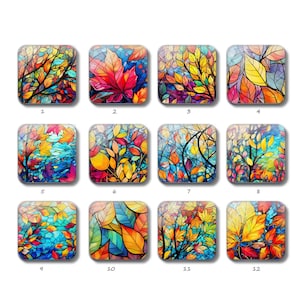 Perline di vetro per mosaico fotografico con foglia autunnale, cupola in vetro quadrato piatto con immagine autunnale, 10 mm, 12 mm, 14 mm, 15 mm, 16 mm, 18 mm, 20 mm, 25 mm (FJ3738)