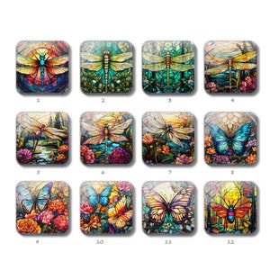 Dragonfly Square Cabochon,Butterfly Image Flat Square Glass Dome , 10mm 12mm 14mm 15mm 16mm 18mm 20mm 25mm Stained Glass Mosaic Bead(FJ3753）