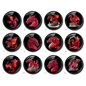 May include: Twelve round black buttons with red dragons on them. Each button has a white number from 1 to 12.