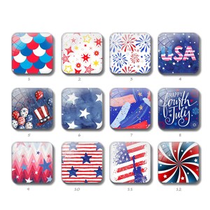 Cabochon carré du 4 juillet, dôme en verre d'image de drapeau des États-Unis, 10 mm 12 mm 14 mm 15 mm 16 mm 18 mm 20 mm 25 mm DIY Photo Carreaux de mosaïque en verre Perles (ZF3160）