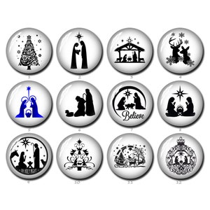 May include: Twelve black and white Christmas ornament designs featuring various religious and secular themes. The ornaments include a Christmas tree, a nativity scene, a manger, a reindeer, a star, and a winter scene.