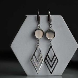 Unique STAINLESS STEEL Dangle Earrings Blanks, 8mm 10mm 12mm 14mm Cabochon Drop Earrings Base, 3D Rhombus Charm Earrings Bezel Trays - BXG03