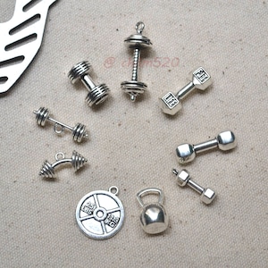 Mixed Workout Charms,Fitness Charm Collection,Silver Gym Charms,Weight Liting Bodybuilding Dumbbell ,Kettlebell, Barbell,Weight Plate Charm