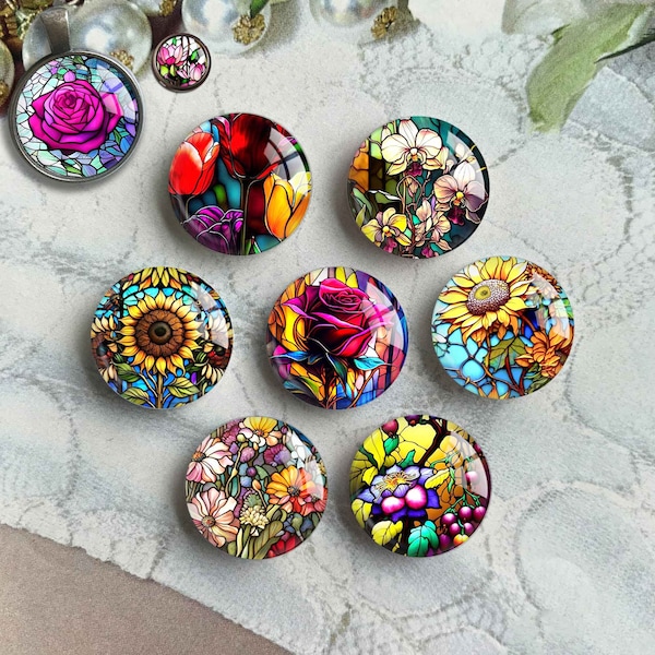 Flower Stained Glass Cabochon,Rose image Glass dome,Floral Picture Cameo, 10mm 12mm 14mm 16mm 18mm 20mm 25mm 30mm 35mm 40mm Charms (FJ3719）