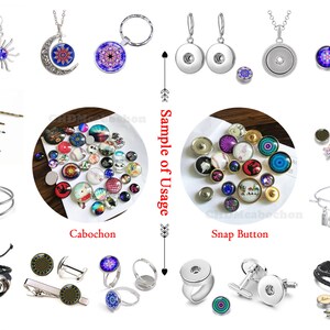May include: A collection of jewelry and accessories featuring decorative cabochons and snap buttons. Items include earrings, necklaces, bracelets, keychains, hairpins, rings, cufflinks, and a tie clip. The designs incorporate colorful, patterned glass inserts.