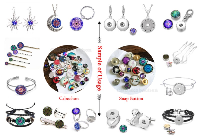 May include: A collection of jewelry and accessories featuring decorative cabochons and snap buttons. Items include earrings, necklaces, bracelets, keychains, hairpins, rings, cufflinks, and a tie clip. The designs incorporate colorful, patterned glass inserts.