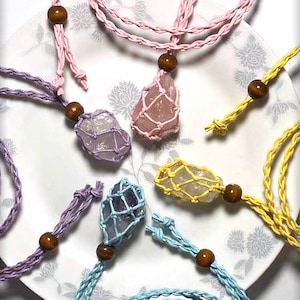 Macrame Stone Holding Necklace,Interchangeable Macrame Crystal Moonstone Pouch,Pendant adjustable stone cage cord necklace accessory(MCNK01)