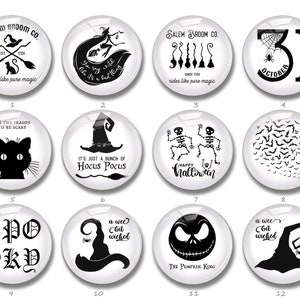 May include: A collection of twelve Halloween-themed glass cabochons with black and white designs. The designs include witches, cats, skeletons, bats, and text such as "Happy Halloween" and "Spooky".