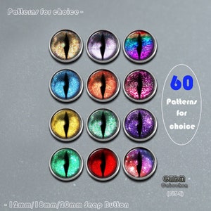 Könnte beinhalten: Sechzig verschiedene Muster von Druckknöpfen in den Größen 12 mm, 18 mm und 20 mm mit Glitzer und Augenmotiven in verschiedenen Farben. Der Text "Patterns for choice" und "CHDM Cabochon (LSJ)" ist ebenfalls sichtbar.